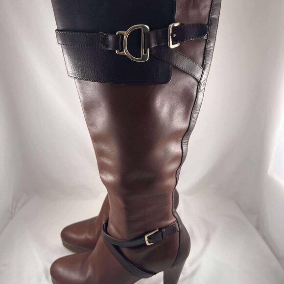 Cole Haan Women's N_ke Air Boots Knee Tall w/ Zip 2-Tone Brown Leather High Heel - Picture 2 of 7